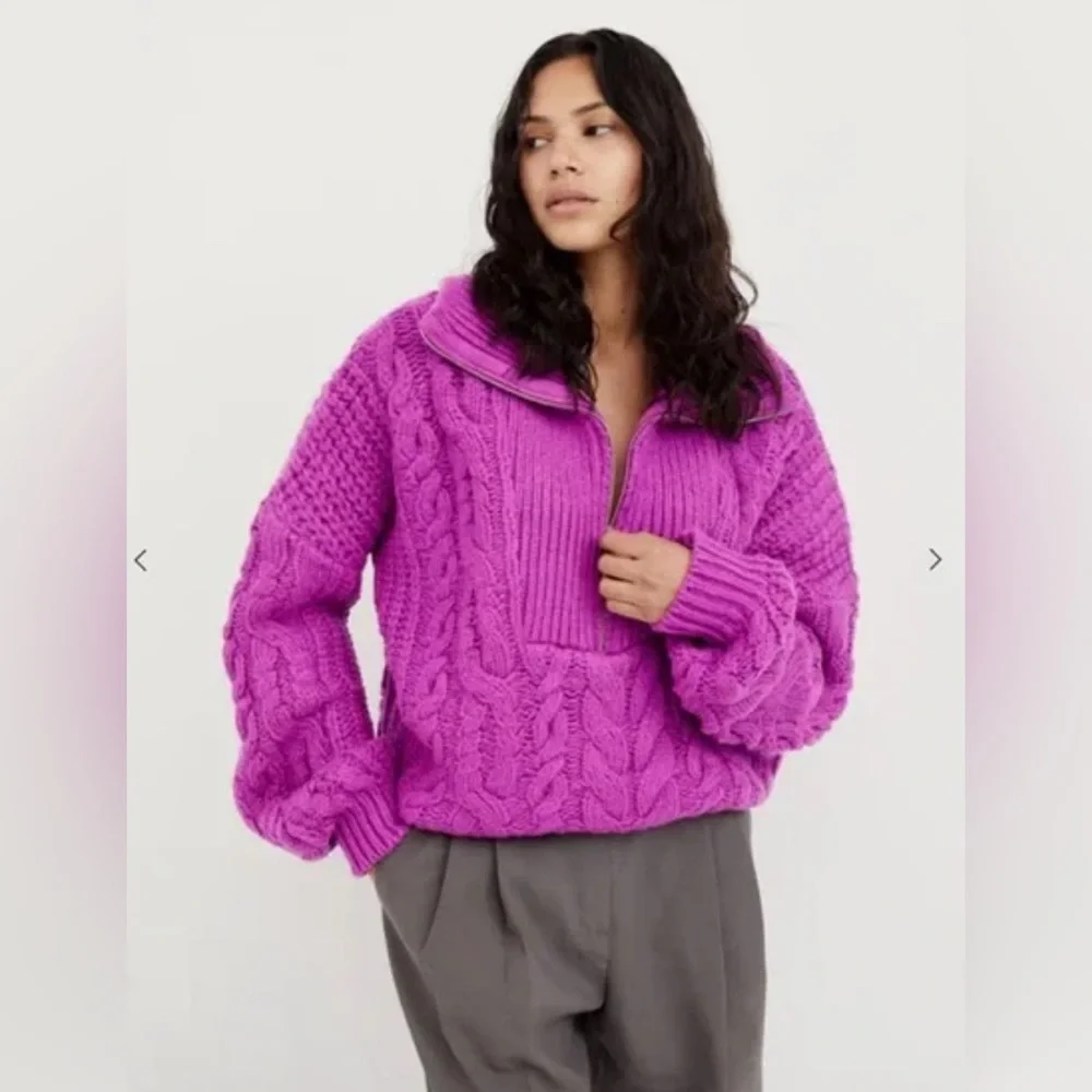 For Love And Lemons Andi Zip Neck Cable Knit Quarter Zip Sweater, Fuchsia, XL